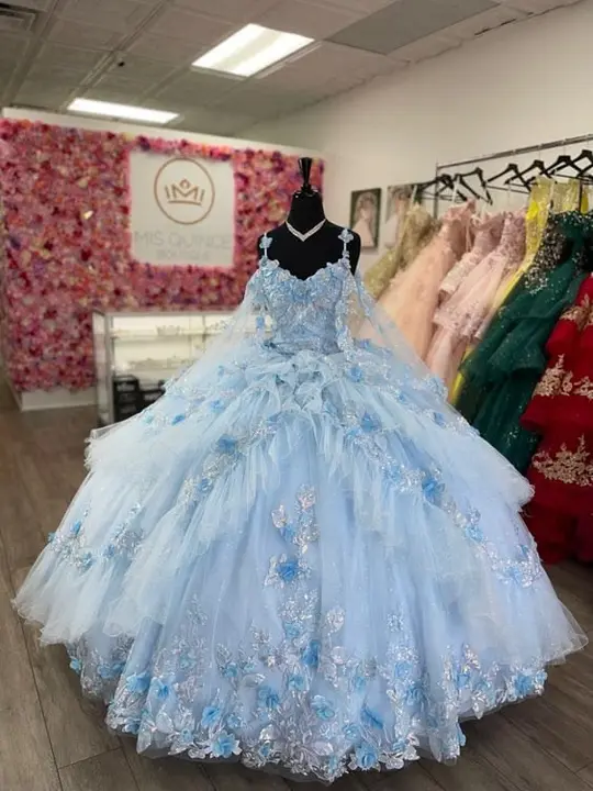 Romantic Floral Pale Blue Ball Gown Spaghetti Straps Dress with Tulle and Embroidery Birthday Dress Quinceanera Dress RS031