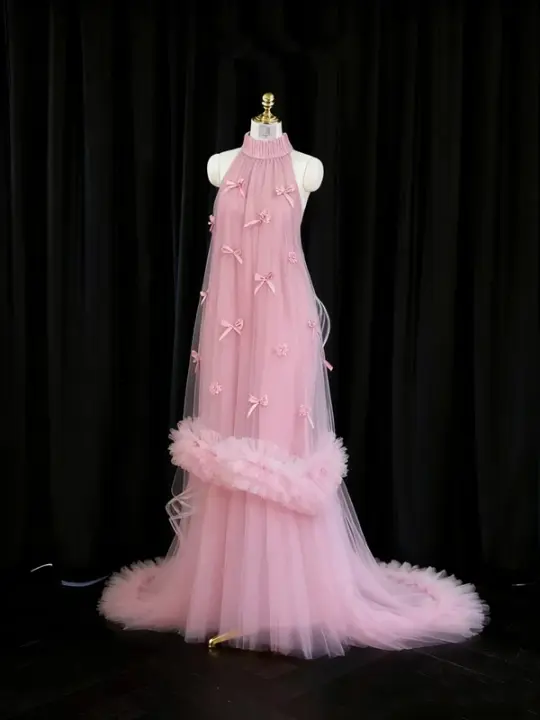 Light pink halter neck straight skirt long ball gown, bridal dress R8940