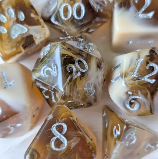 Magic Brew Coffee 8 Piece Dice Set. Brown and cream resin, with Glitter and Foil