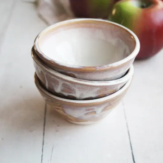 Set of Three Small Rustic Prep Bowls in Milky White and Ocher Glaze, Made in USA