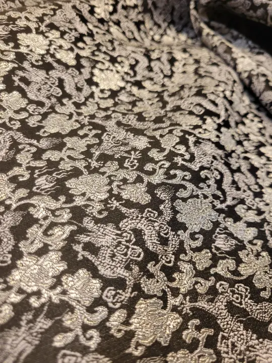 Silver and Black Small Dragon Brocade Fabric -By the Yard
