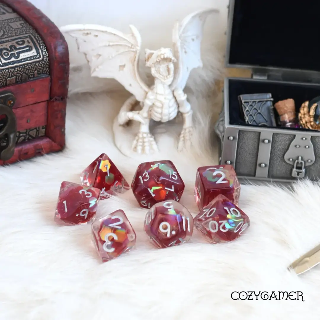 Ruby Glint Dice Set – 7-Piece Clear Resin Red Iridescent Hexagon Glitter DnD
