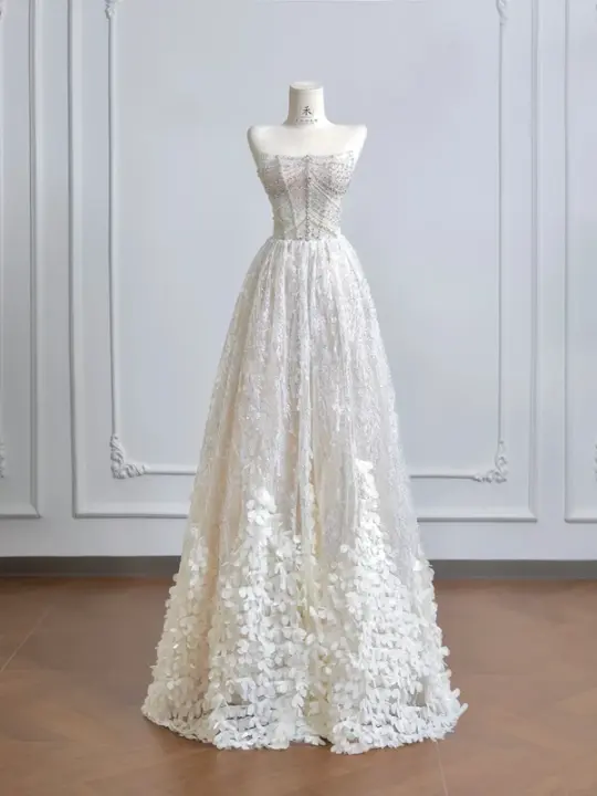 White strapless, fitted waist, heavily embellished, sexy long ball gown R8203