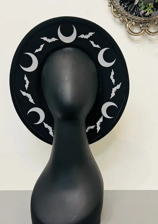 Silver Bat Moon Vegan Felt Wide Brim Hat