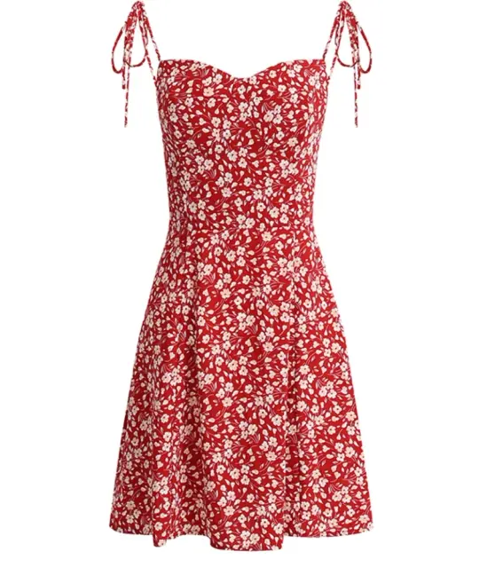 French holiday style short red 2025 new floral suspender dress R2646