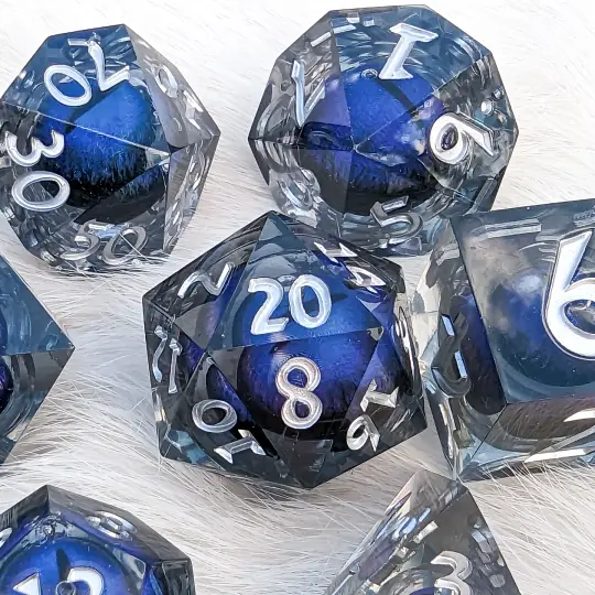 Blue Moving Eye Liquid Core Sharp Edge Resin DnD Dice Set