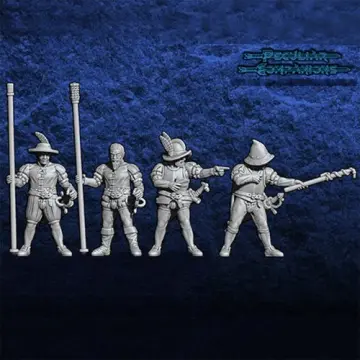 Unpainted 28mm 3D-printed Spanish artillery crew with rammer and linstock, 4 miniatures — tabletop miniatures for historical wargaming, D&D & Pathfinder
