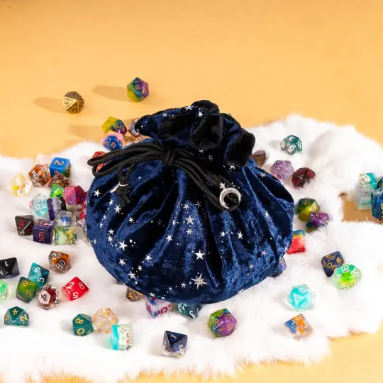 Starry Blue and Black Dice Bag – Multi-Pocket Velvet Pouch with Moon Charms