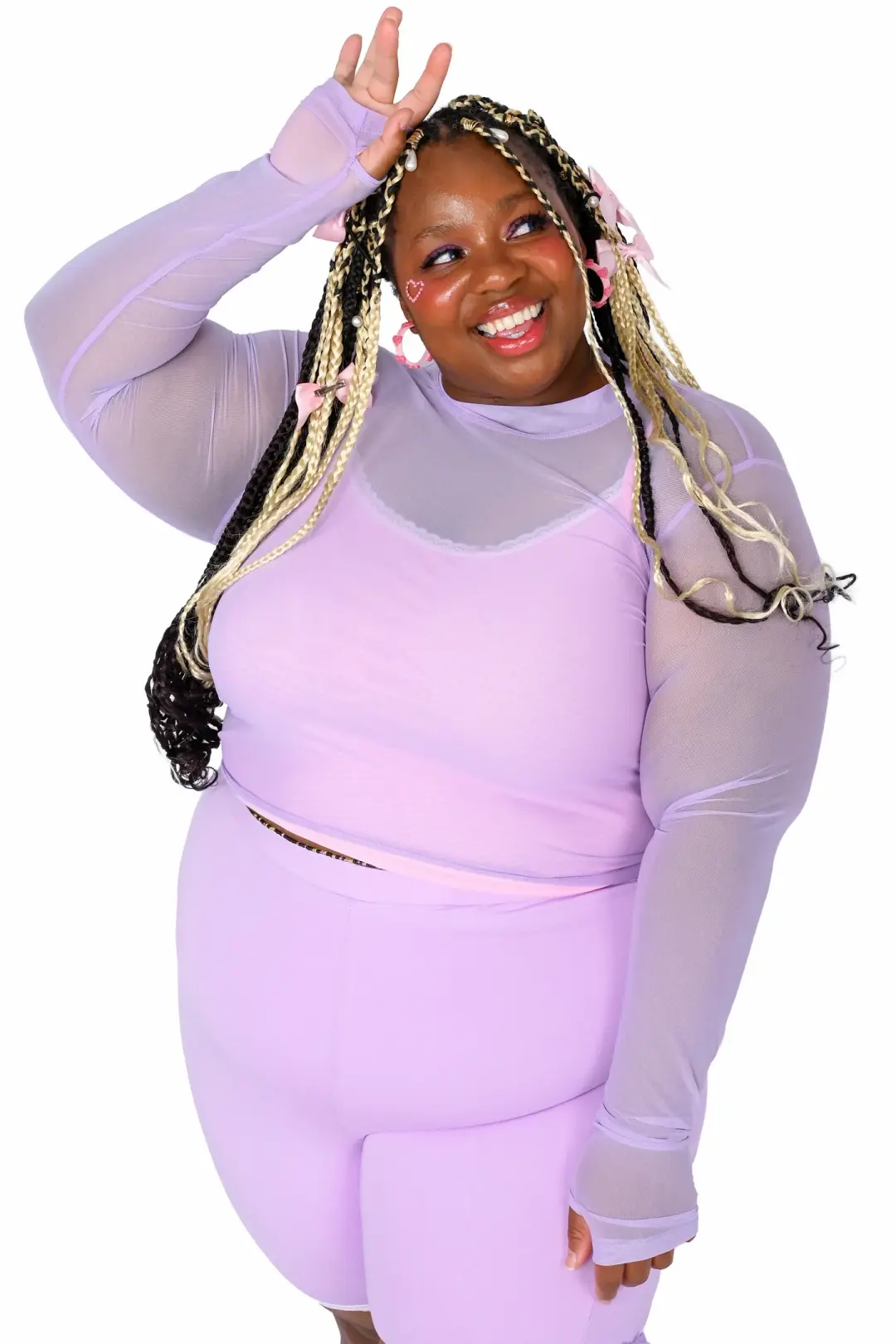 Basics Long Sleeve Mesh Top and Cami Set - Lavender/Pink