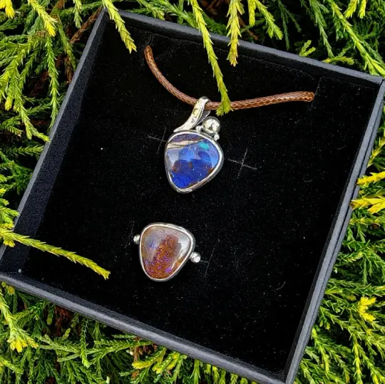 Life in Twilight Boulder Opals in Sterling Silver - Ring & Pendant Set