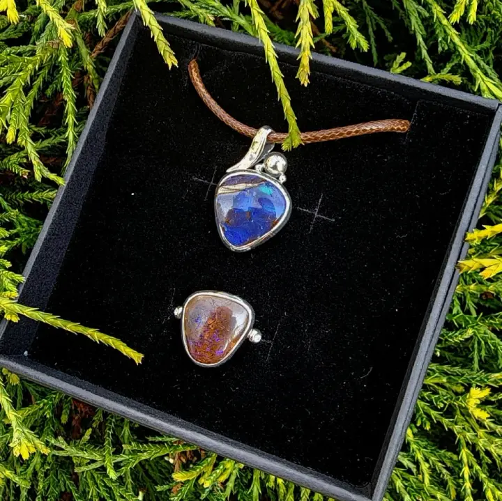 Life in Twilight Boulder Opals in Sterling Silver - Ring & Pendant Set