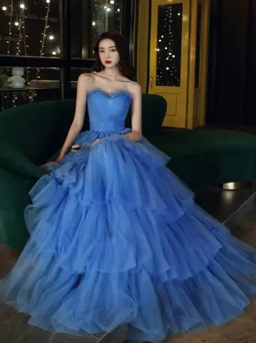 Elegant Royal Blue A-Line Strapless Dress with Cascade Tulle Evening Dress Quinceanera Dress RS035