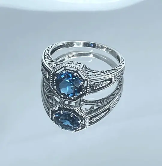 London Blue Topaz Ring, Size 9, Eiffel Ring, Art Deco Jewelry #D240 - Ready to Ship