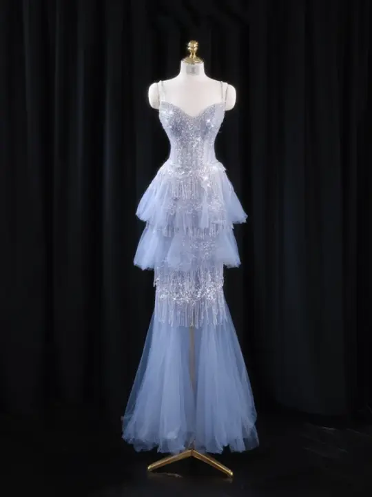 Light blue halter-neck fitted long ball gown R8926