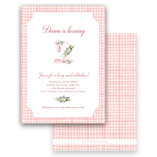 Watercolor Floral Number with Gingham Border Birthday Party Invitation