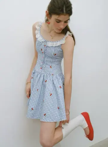 Blue Gingham Cherry Embroidered Mini Dress Women With Lace Trim R9473