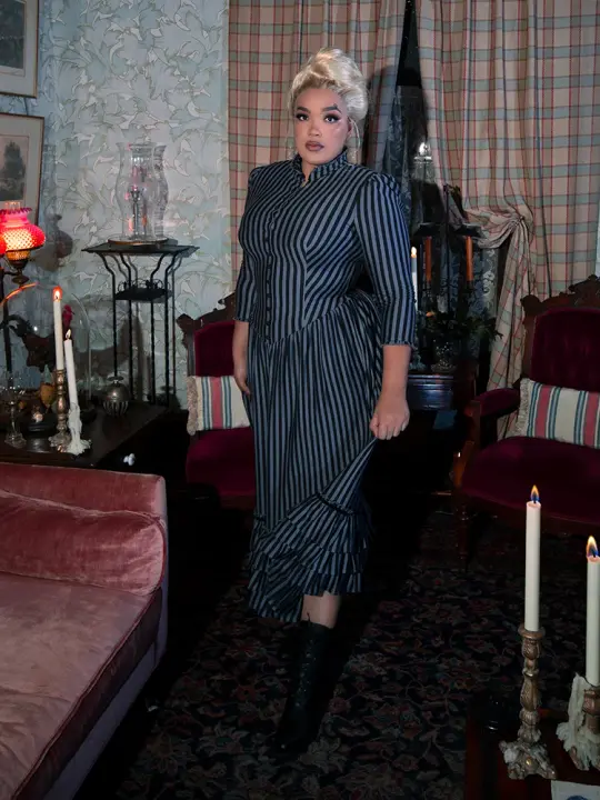Victorian Dress in Black and Gray Stripes