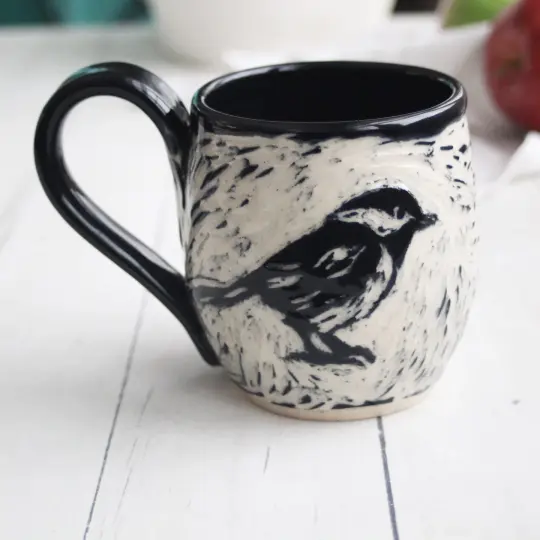 Chickadee and Sparrow Sgraffito Mug, Beautiful Carved Birds Coffee Cup, 13 oz., Made in USA
