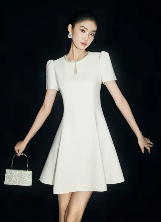 Cream White Short Sleeve Party Dress with Sparkling Neckline R9206