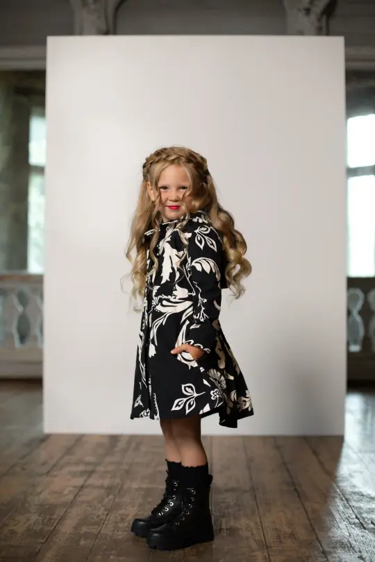 Fitted and Flared Coat for Girls in Black and White | Blooming Night