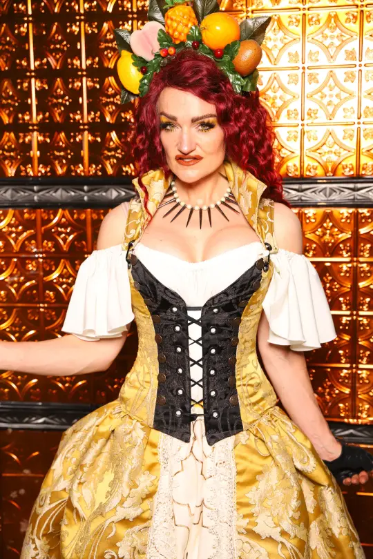 Petite Buccaneer Overbust Corset in Belle Gold Damask - The Wicked Dowager Collection