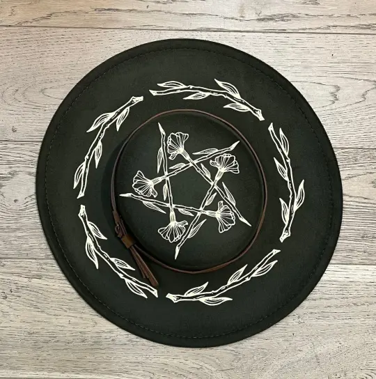 Olive Floral Pentacle Vegan Felt Flat Top Hat