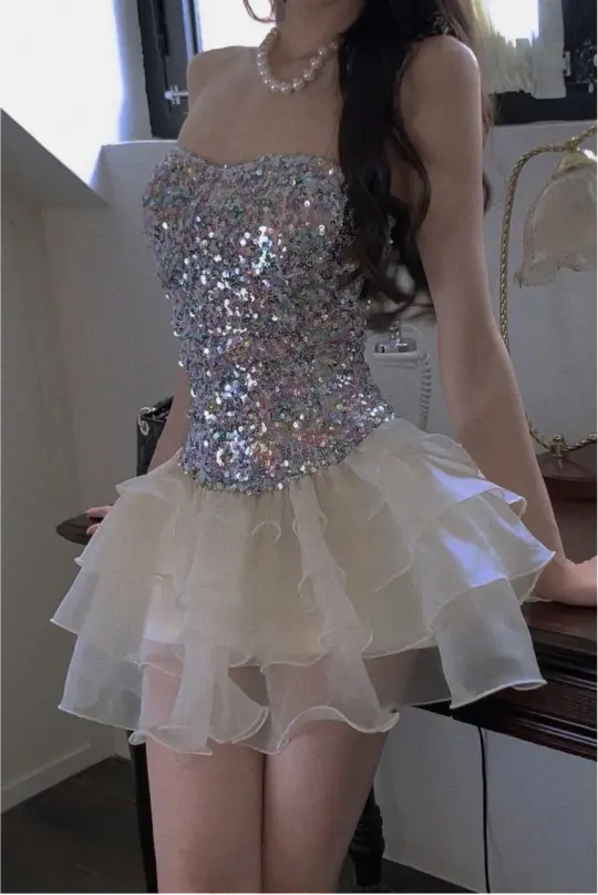 Glitter Sequins Women's Homecoming Dress Sliver Waist Fitted Short Prom Gown Birthday Dress RS3313