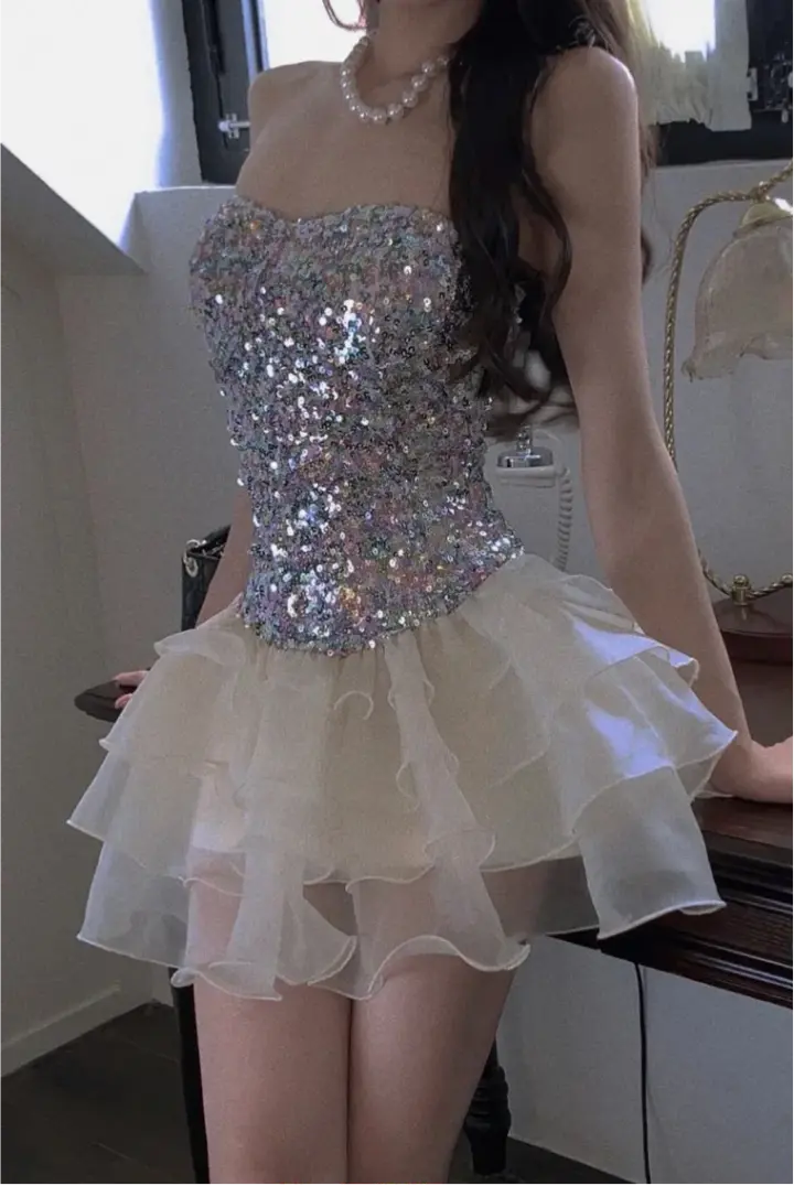Glitter Sequins Women's Homecoming Dress Sliver Waist Fitted Short Prom Gown Birthday Dress RS3313