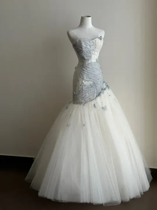 Light blue strapless waist‑cinched slim‑fit bodycon sexy ruffled long prom gown R8006