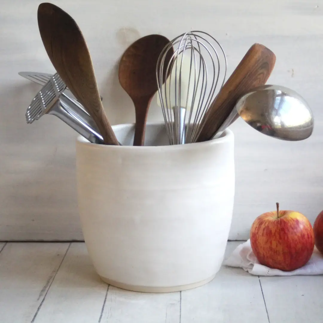 Large Utensil Holder in Rustic Modern Matte White Glaze, Ceramic Crock, Made in USA