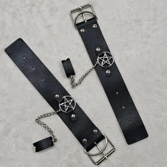 Witch Craft Vegan Leather Wrist Cuffs with Chain & Pentagram Charm