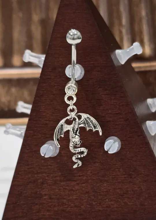 Painful Pleasures Dragon & Skull Navel Ring in 14G Surgical Steel with Gem Accent