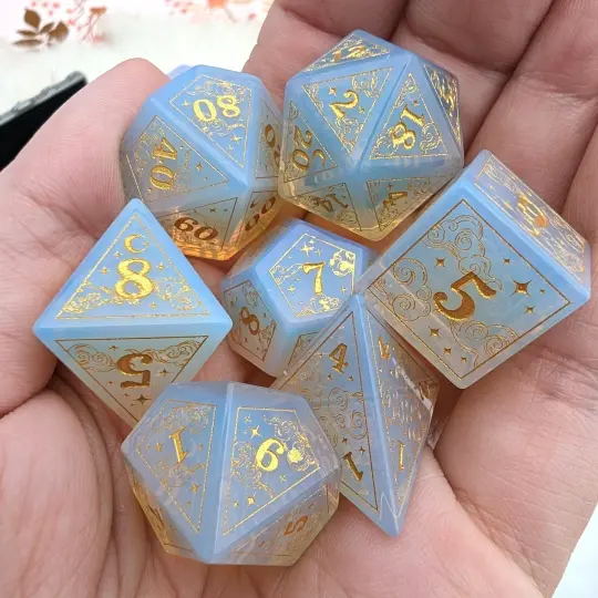 Dreamy White Opalite Dice Set – Cloud and Moon Engraved Gemstone DnD Dice | Fennek & Finch