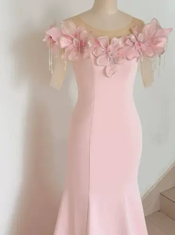 Sweet Blush Pink Prom Gown , Satin 3D Floral Maxi Evening Dress Birthday Dress RS1334