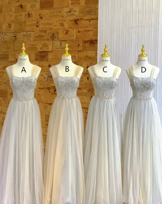 Light blue spaghetti-strap waist-cinched slim-fit ball gown, bridesmaid dress R5928