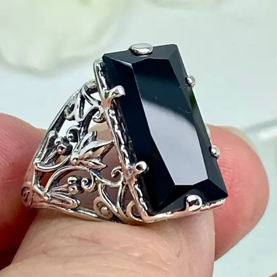 Stunning Black CZ Baguette Ring, Size 8, Victorian Filigree Sterling Silver Jewelry #D32 - Ready to Ship