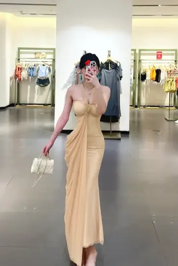 Apricot halter neck sexy fitted waist long ball gown R7902