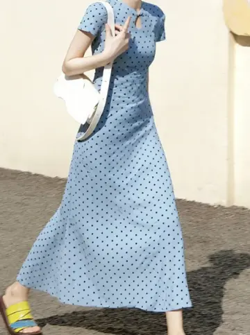 Retro Blue A-Line High Collar Polka Dots Maxi Women Dress RS527