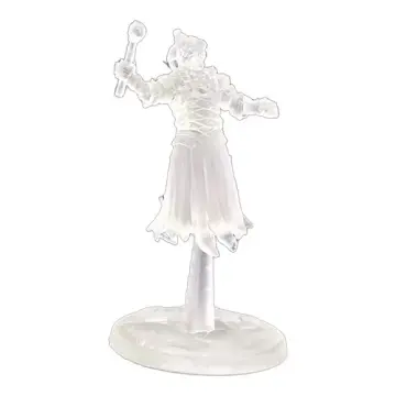 Unpainted 28mm 3D-printed skeletal ghost jester miniature in a belled cap raising a skull scepter in clear resin, tabletop RPG miniature for D&D, Pathfinder & wargaming