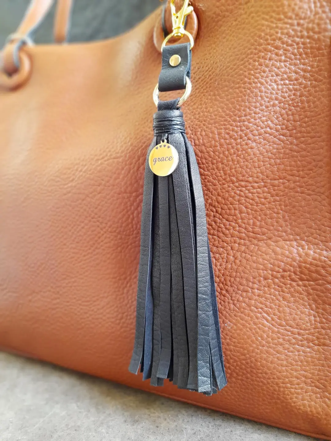 Leather Tassel Bag Charm with Gold Grace Pendant, Brown/Black