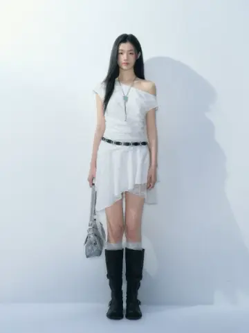 White Off-Shoulder Mini Dress Women Ruched Waist Asymmetrical Hem Dress R9354