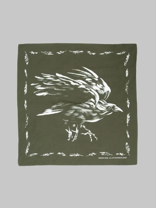 Samurai Jeans SJ-02 "Yatagarasu Crow" Pattern Cotton Bandana Olive