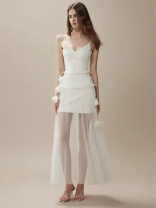 White suspenders waist slim hip short skirt sandy skirt long skirt homecoming dress R4390