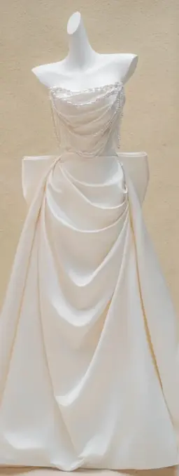 White Strapless Beaded Waist Satin Pleated Maxi Bridal Dress R5741