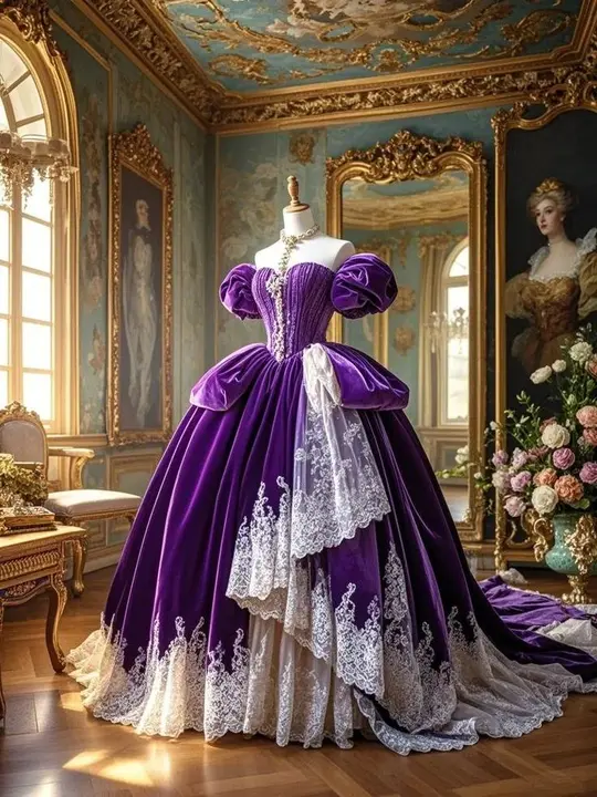 French Retro Purple A-Line Square Long Women Dress with Puff Sleeves and Flouncing Prom Dress Evening Dress RS060