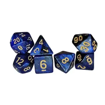 A seven-piece set of polyhedral roleplaying dice arranged in small stacks against a white background. The dice feature a sparkly, swirling pattern of dark blue and black, with the numbers painted in contrasting gold.
