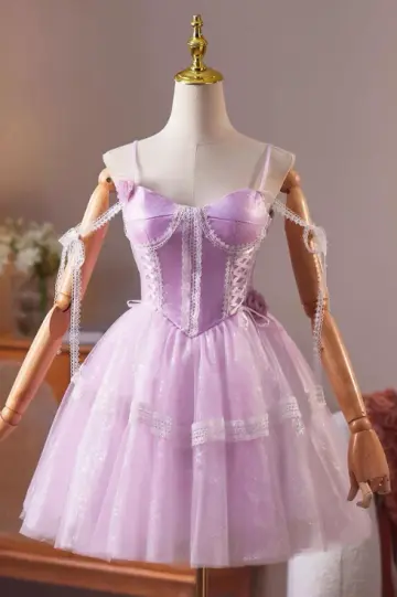 Elegant Purple A-Line Spaghetti Straps Lace Embroidery Corset Mini Prom Dress Homecoming Dress RS576