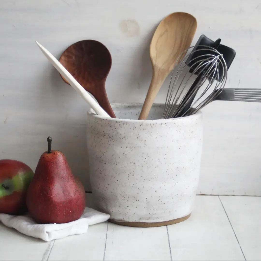 Large Utensil Holder in Matte White and Speckled Stoneware, Handmade Ceramic Kitchen Crock