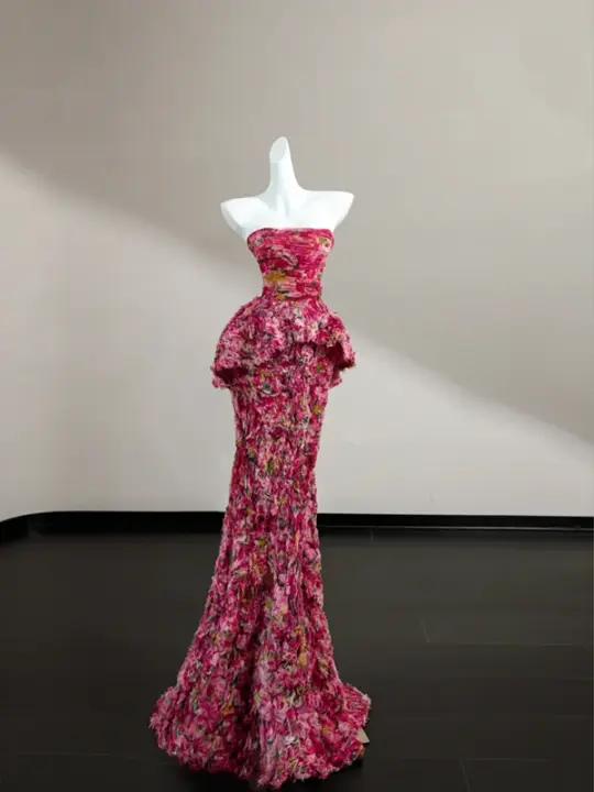 Pink floral tube top sexy long skirt with waist, prom dress R5641