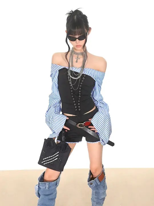 Austin Office Siren Striped Corset Shirt & Shorts Set